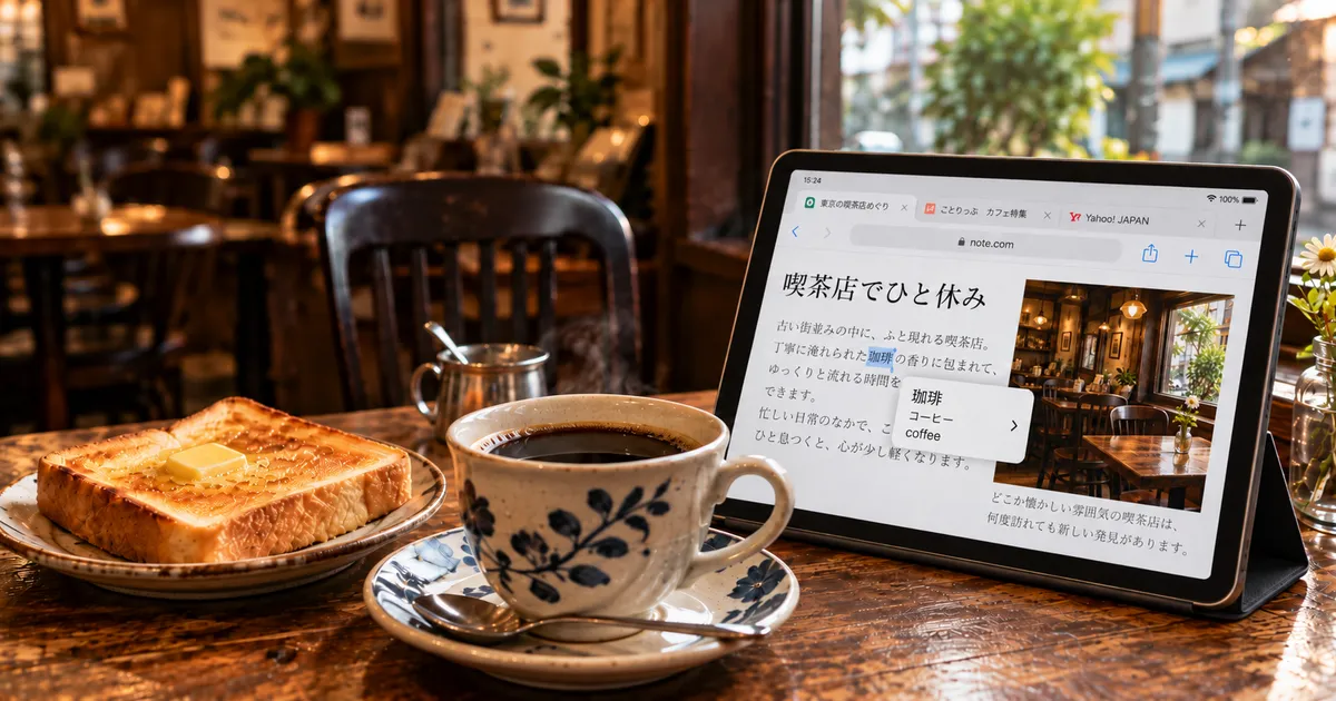 Coffee and buttered toast on a café table beside an iPad showing a Japanese article in Safari, with several tabs open and a dictionary lookup for 珈琲.